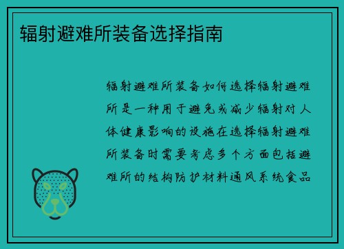 辐射避难所装备选择指南